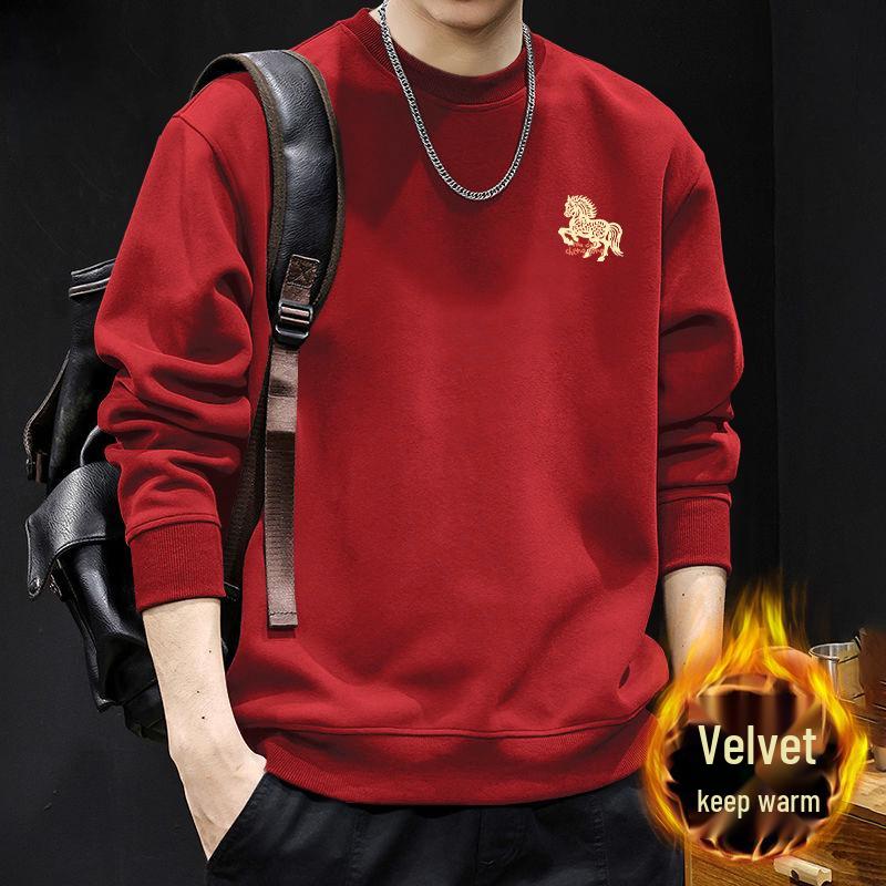 Guochao Men's Oversize Black Hoodie with Round Neck - Warm, Thick, Plus Size for Spring and Autumn.