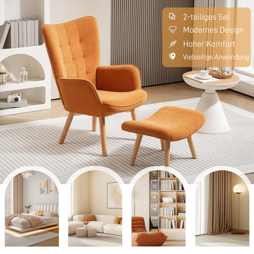 Accent Chair with Stool, Recliner In Corduroy Look, Armchair with Wooden Legs, for Living Room, Brown