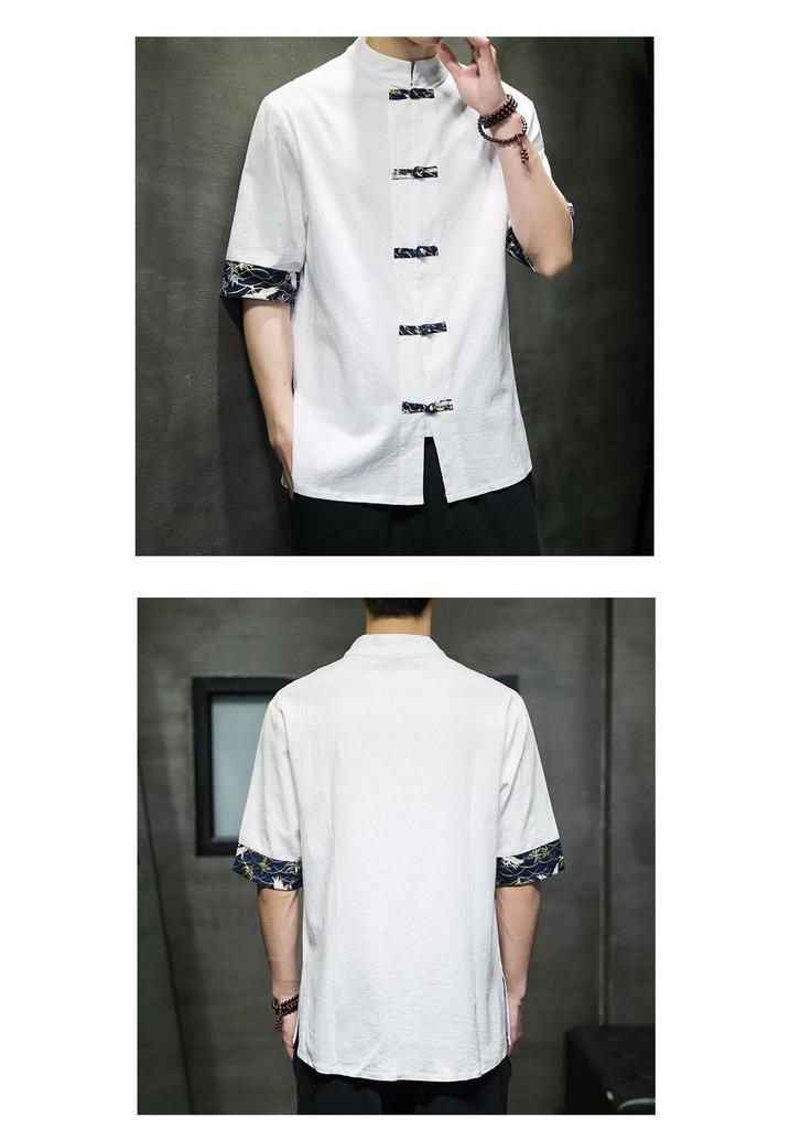 Men's 2022 Retro Chinese Style Color Block Cotton Linen Frog Button Short Sleeve Shirt