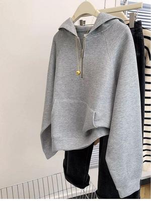 Women's Gray Half-Zip Hooded Sweatshirt - Autumn/Winter 2026 Korean Style Casual Loose Fit Pullover Top