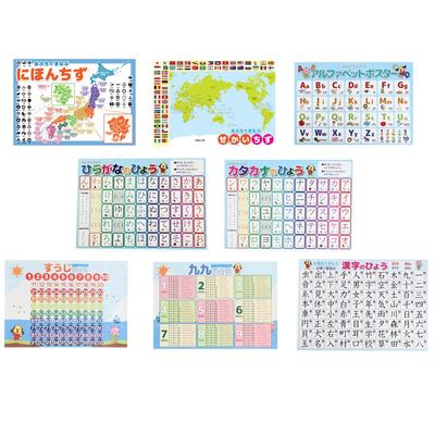 Set of 8 Bath A4 Size Multiplication Map of World In Waterproof Educational Posters, (Numbers, Table, Hiragana, Katakana, Kanji, Alphabet, Japan, Map)