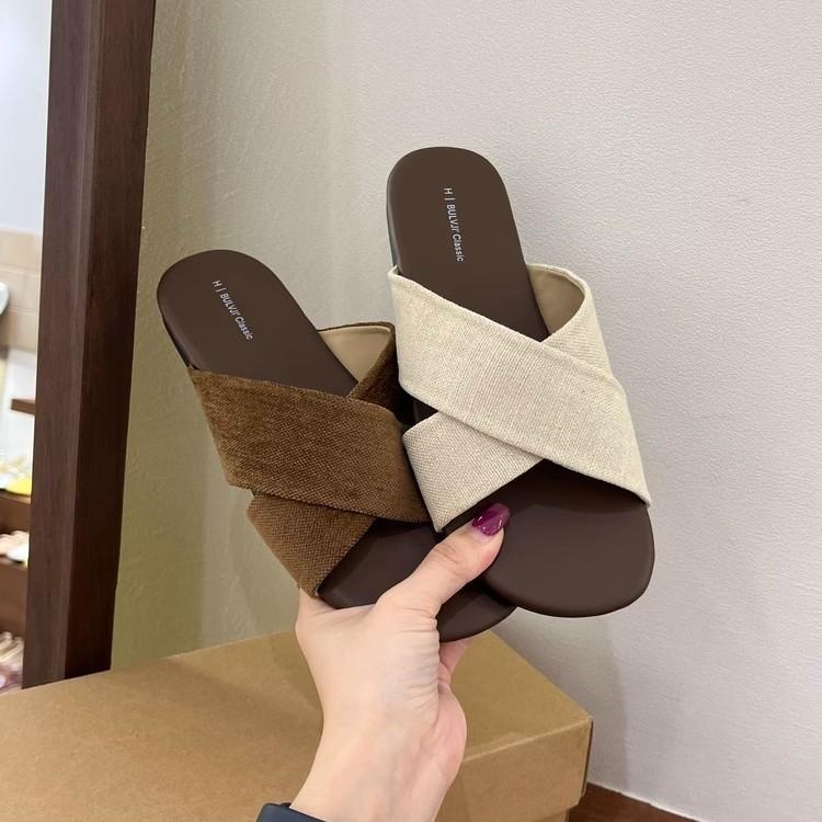 Cross-strapped linen slippers women's outerwear summer new retro casual sandals vacation seaside beach flat sandals