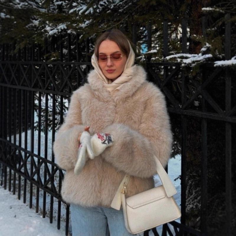 

Осенне-зимнее утолщенное пальто из лисьего меха со стойкой, теплое, модное, универсальное, из искусственного меха, свободное пушистое пальто для женщин L бежевый