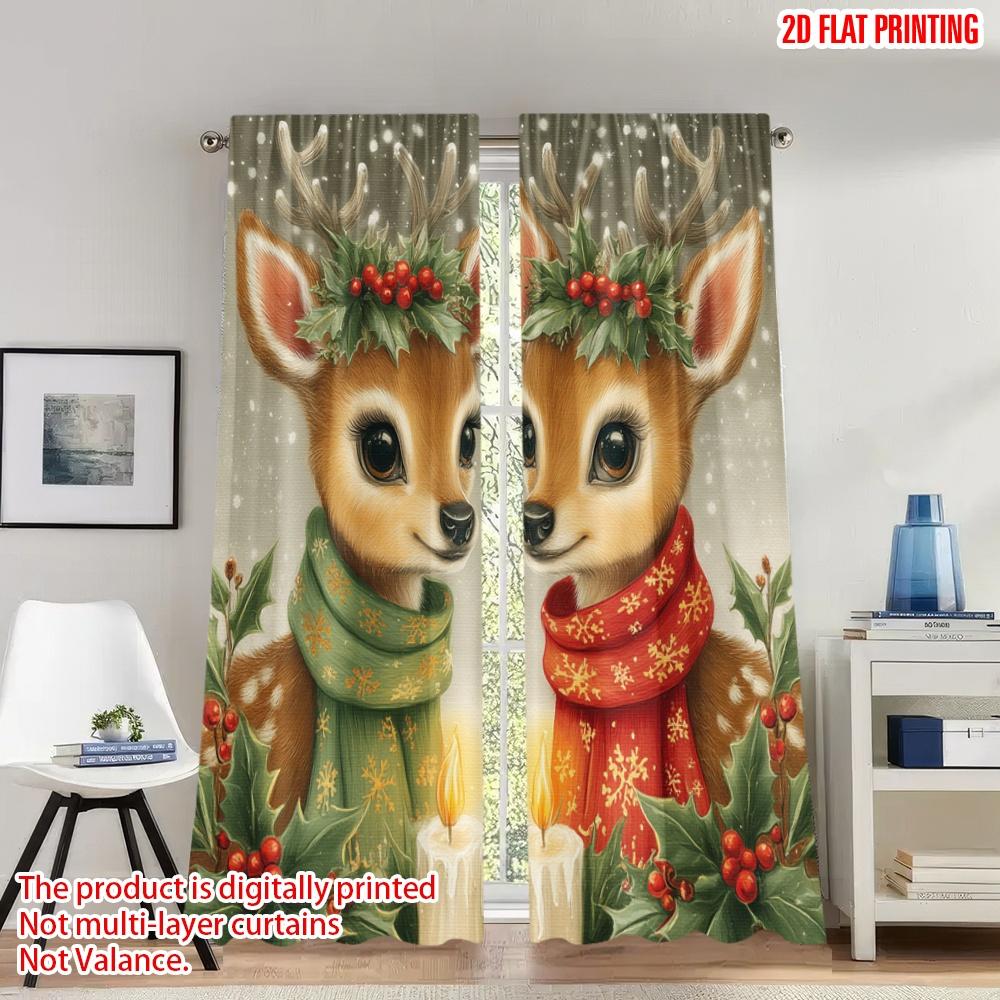 

Flat Printing Fashionable Christmas Curtains Reindeer Holly Candles Digital Printed Polyester Drapes Holiday Curtain Set Of 2 Made Washable W100*H70(CM)-Hooks&1PCS