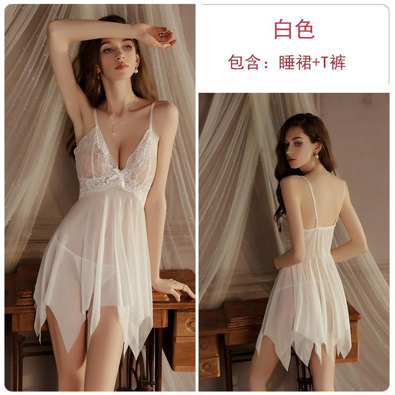Women's Sheer Mesh Asymmetric Hem Deep V Cami Sleep Dress Set