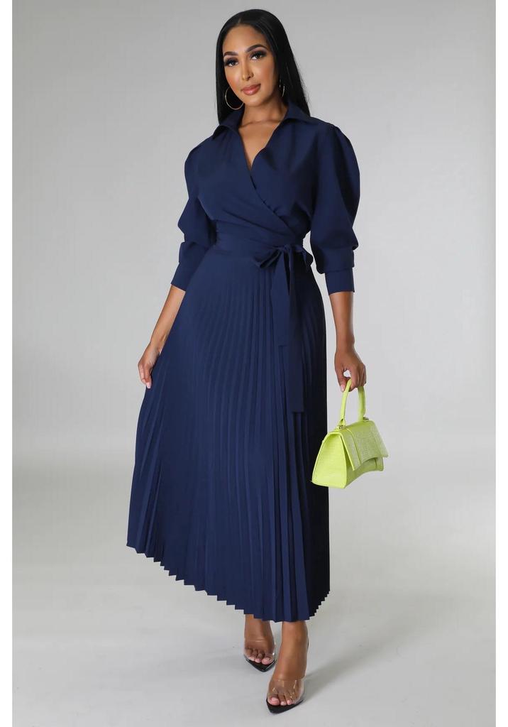 Cross-Border Europe Spring Long Sleeve Polo Collar High Waist Pleated Women's Casual Dress