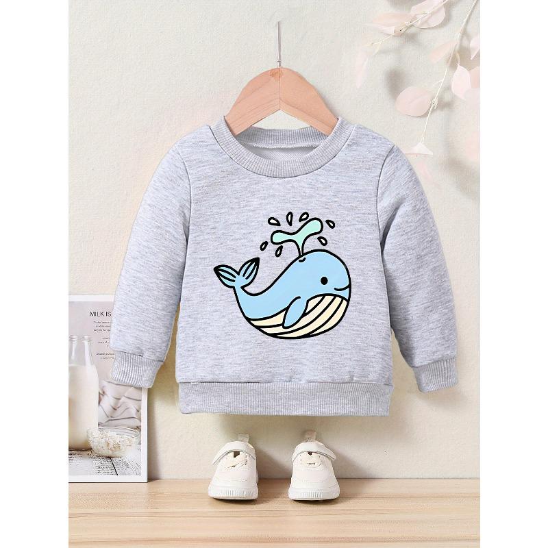 Kids Cartoon Whale Print Crew Neck Sweatshirt - Casual Pullover with Applique, Regular Fit, Slight Stretch, Perfect for Spring & Fall
