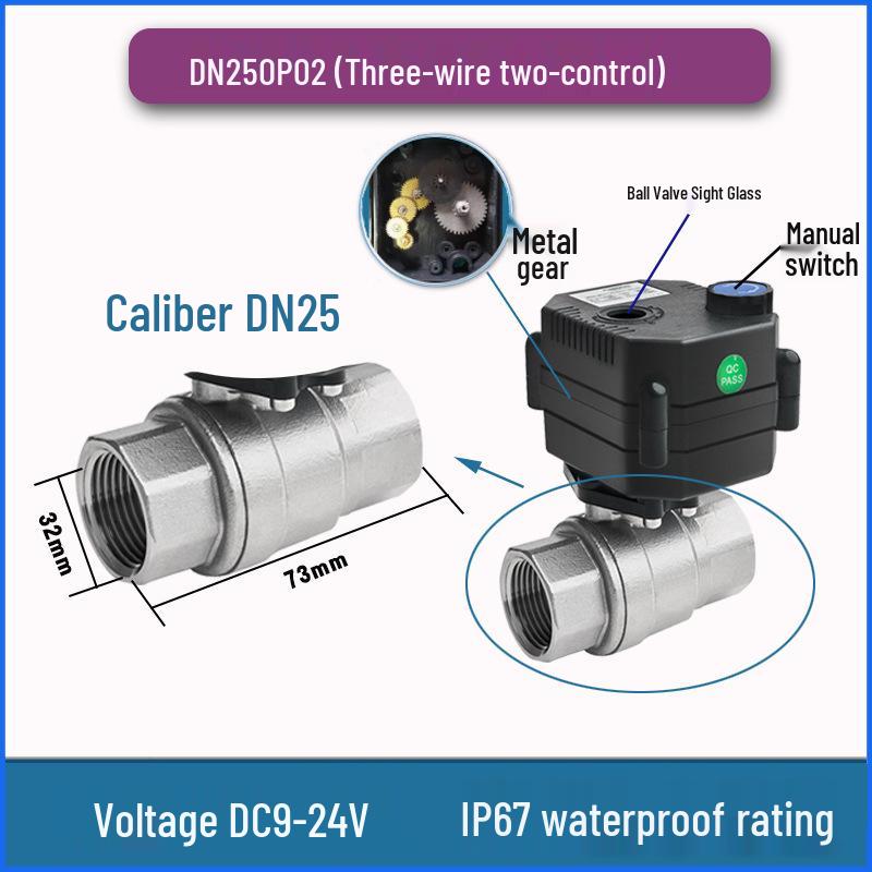 Stainless Steel Mini Electric Two-Way Ball Valve with Sight Glass, Manual-Automatic Integration, Waterproof, Threaded, DC Compatible