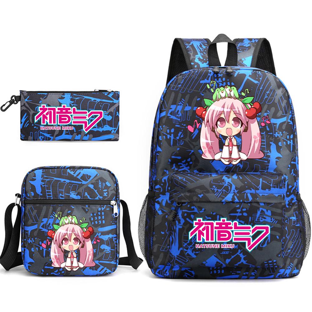 3Pcs/set Anime Cartoon Hatsune Miku Printed Backpack with Shoulder Bag Pencil Case for Teenager Student Boy Girl Large Capacity Waterproof School Bag
