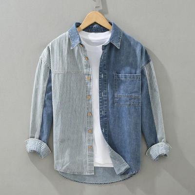 Men's Color Block Denim Stripe Patchwork Long Sleeve Shirt - Hong Kong Style Casual