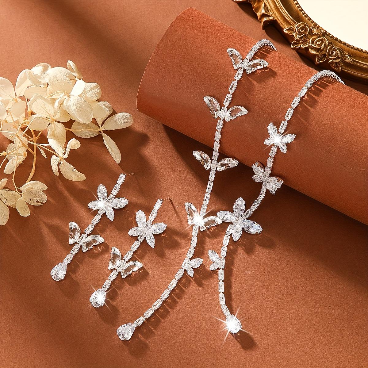 Women s Jewelry Set: Earrings and Necklace, French Style High-End Butterfly Tassel Earrings and Necklace Set, Silver Plated with Sparkling Zircon silver Butterfly Tassel T