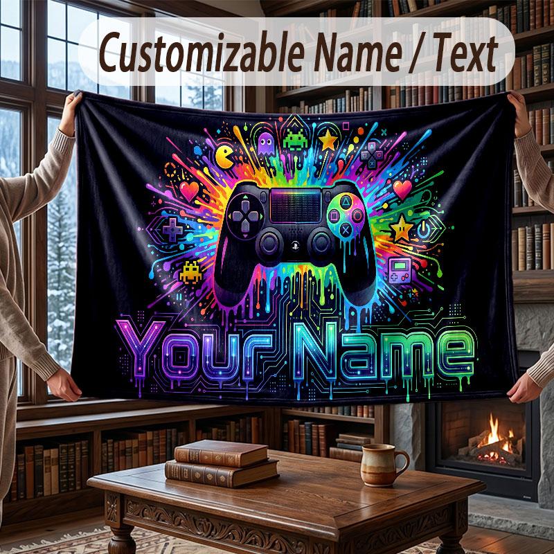 Game Controller Theme Throw Blanket Custom Name Text Personalized Blanket Soft Cozy Blanket for Home Sofa Bed