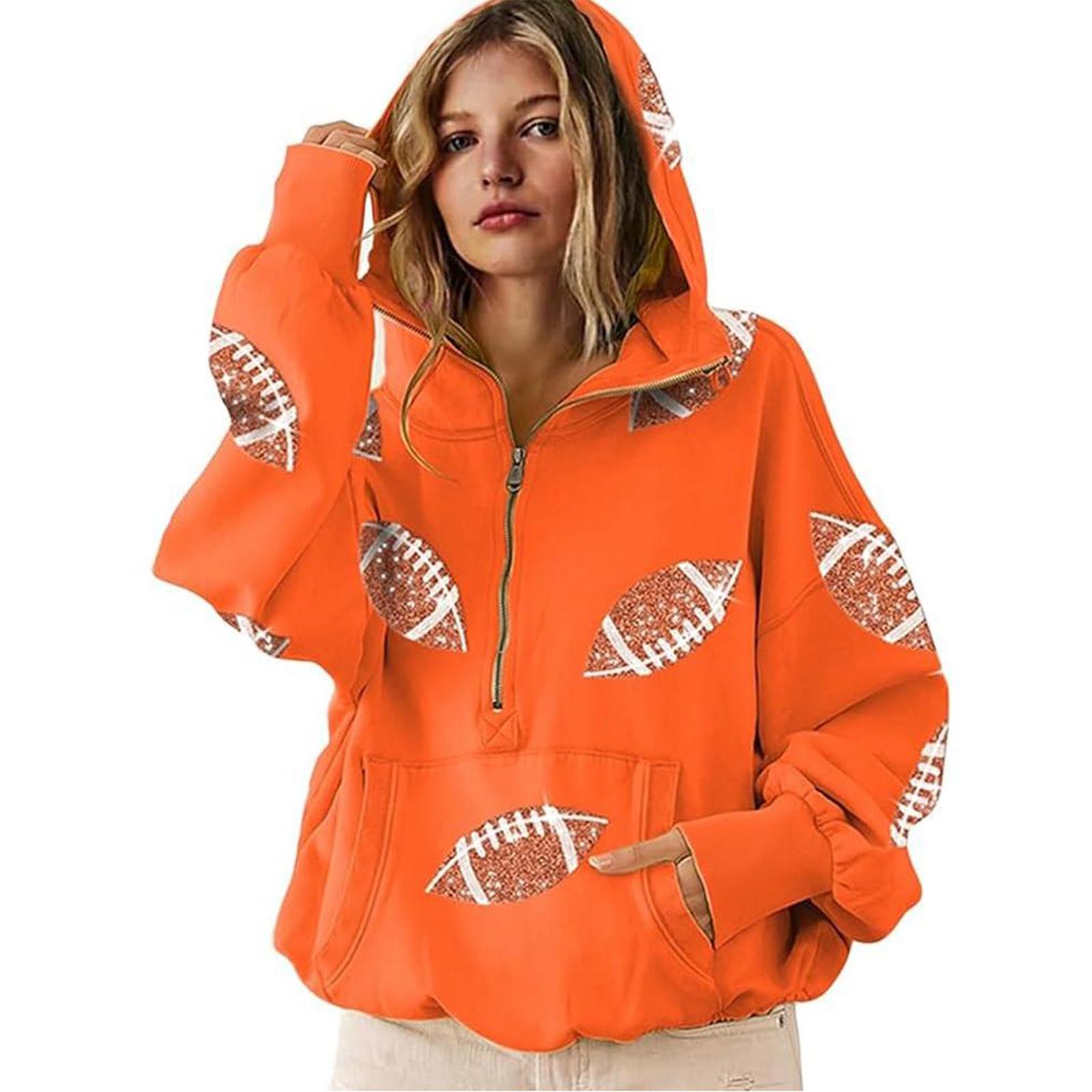 

Women s Loose And Comfortable V-neck Long Sleeved Half Zip Rugby Sequin Patchwork Hooded Sweatshirt S