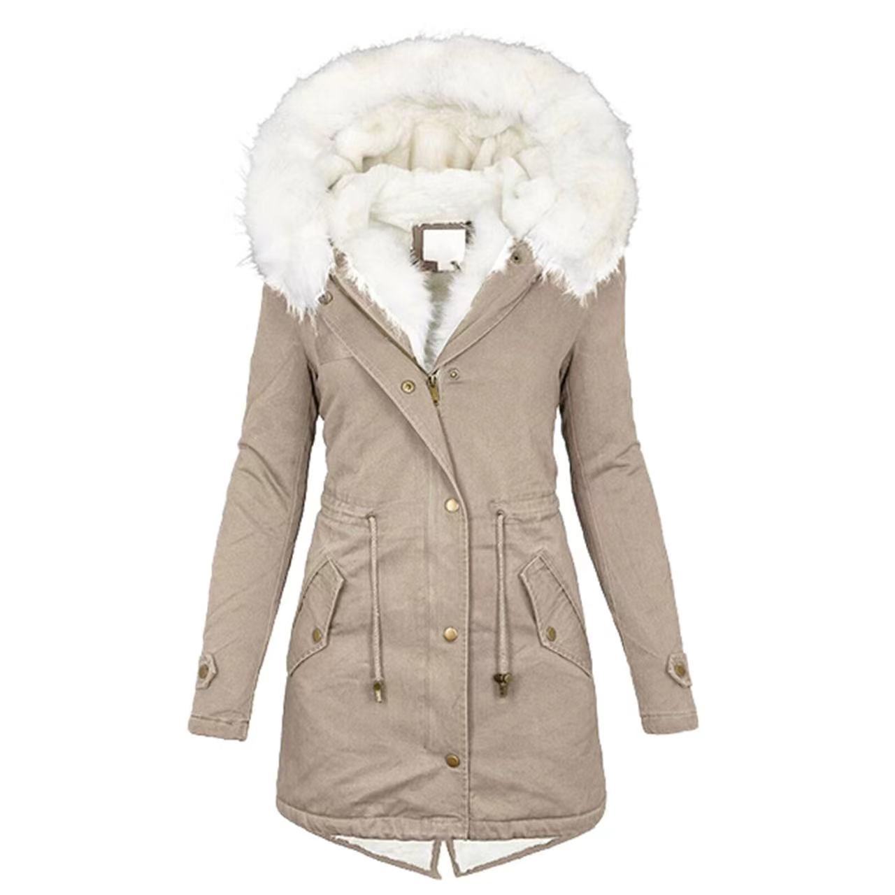 

Autumn and Winter Women s Plus Size Medium Length Warm Hooded Outerwear Padded Solid Coloured Fur Collar Loose Zip Casual Parka Jacket L