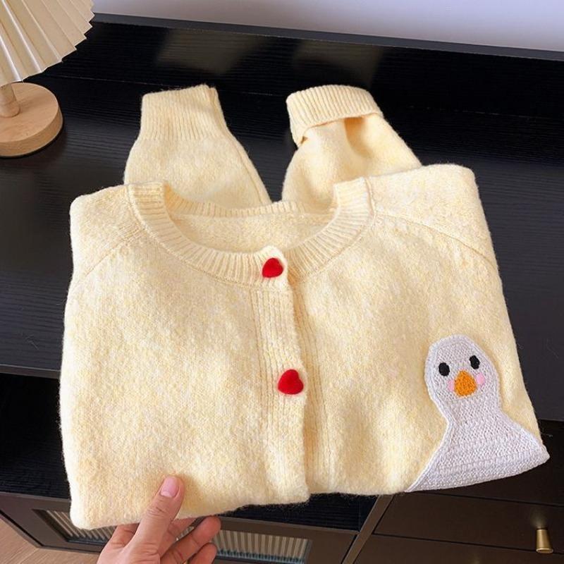 Cartoon Duck Women Cardigan Yellow Long Sleeved Knitted Stand Up Collar Sweater Short Autumn Winter Woman Slimming Top