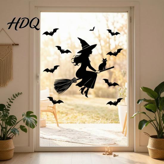 Bat And Witch Wall Clings Halloween Black Cat Static Window Stickers Waterproof PVC Silhouette Decals Outdoor Glass Decorations Removable Art Decor