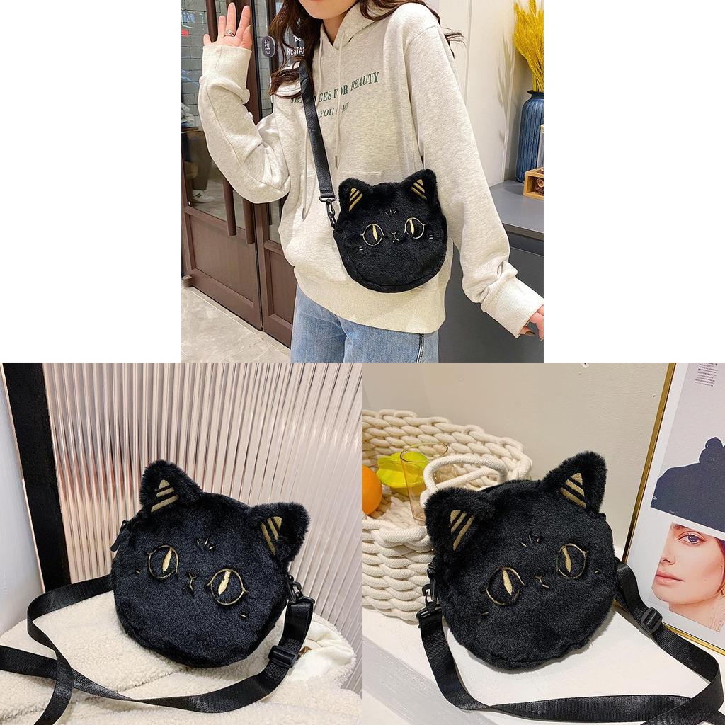 Plush Cat Bag Small Round Tote Purse With Zipper Closure For Casual Daily Use