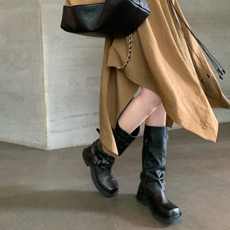 Mode Damen Ritterstiefel 2025 Herbst Winter Neue Mode Gürtelschnalle Halbhohe Stiefel Vintage Bequem Rutschfest Höhenerhöhende Schuhe