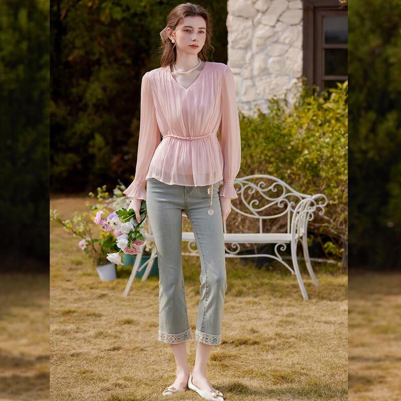 Women's French Style V-Neck Ruffle Blouse
