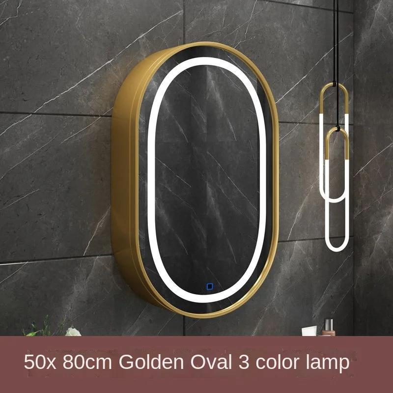 Wall-mounted solid wood oval LED smart bathroom mirror storage box cabinet bathroom toilet wall-mounted round mirror with light