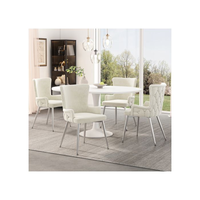 Chaises de salle à manger en velours, ensemble de 4 avec quatre pieds en métal argenté, beige