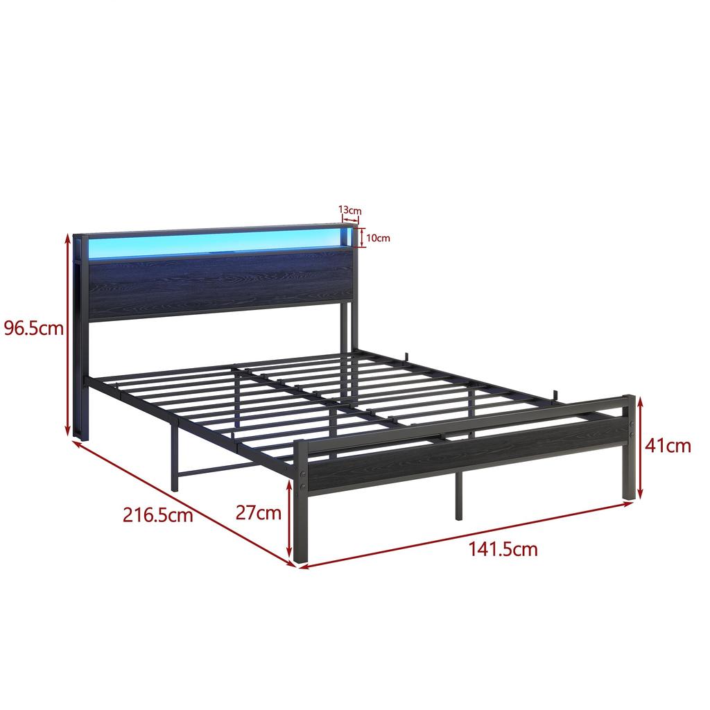 Bed 140x200 with Storage, Metal Bed Frame with USB Charging Function & LED Lighting, Modern Storage Bed with Headboard Shelf, Youth Bed/Guest Bed