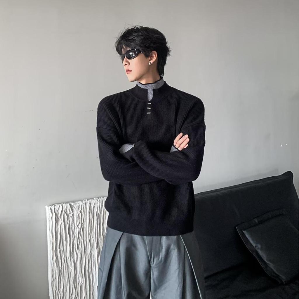 Niche Fake Two-piece Contrasting Color Double-layer Turtleneck Sweater Men's Autumn Popular Style Simple Casual Knitted Sweater Top