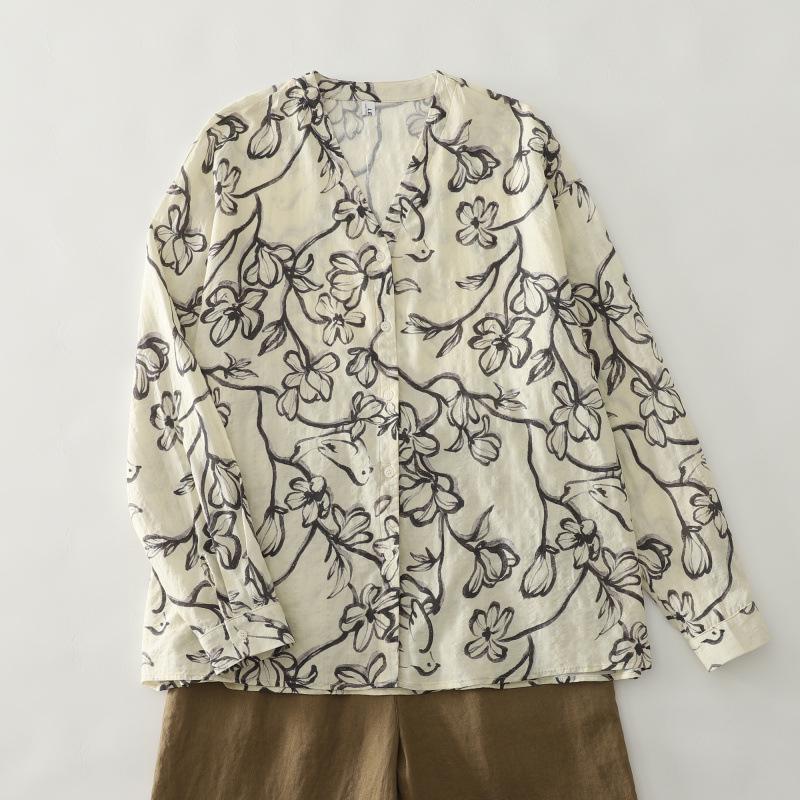 Autumn 2025 Floral Retro Style V-Neck Cotton Linen Shirt - Artistic Ink Painting, Age-Reducing, Plus Size Casual Top