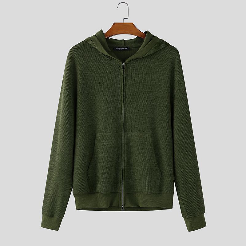INCERUN Men Long Sleeve Zip-up Casual Hooded Rib Knitted Pullovers Sweatshirts