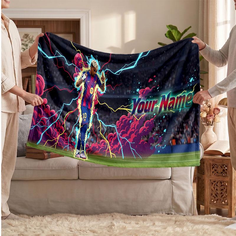 Lamine Yamal Personalisierte Fleecedecke Mit Fußball Logo, Benutzerdefinierter Name Text Weich Warm Heimdecke