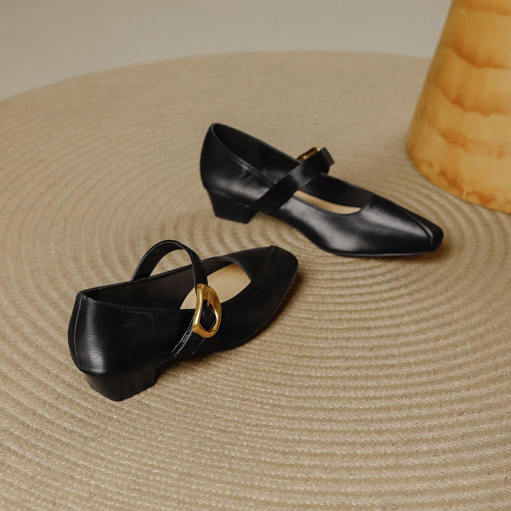 French Thick Heel Single Shoes Women's 2025 Summer New One-word Buckle Retro Commuting Comfortable Soft Sole Mary Jane High Heels