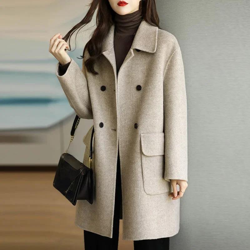 

Осенне-зимнее шерстяное пальто женское, новое овсяное пальто средней длины до колена, корейское однотонное шерстяное пальто, пальто для женщин XXXL серый