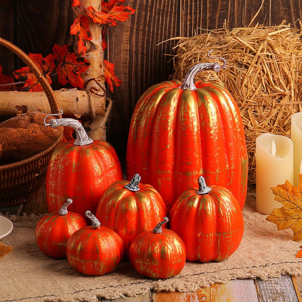 Artificial Assorted Pumpkins Fake Artificial Maple Leaves Halloween 7pcs
