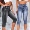 High Waist Jeans Damen Leggings Vintage Elastisch Hoher Bund Kordelzug Taschen Denim Hosen Wadenlänge Jeans Slim Fit Capris