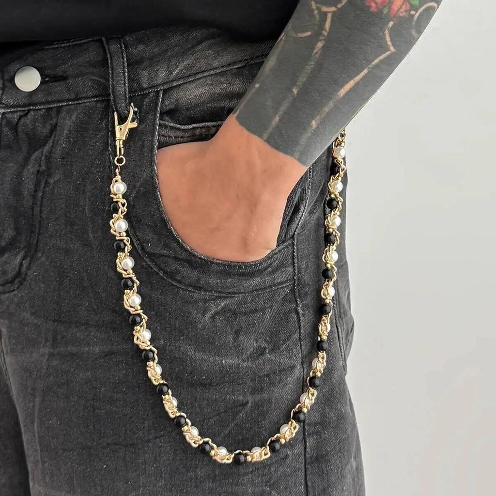 Ingemark Hip-Hop Imitation Perlen Hosen Jeans Schlüsselanhänger Ring Clip Herren Trendig Kreativ Metall Handgefertigt Perlen Taille Kette Schmuck