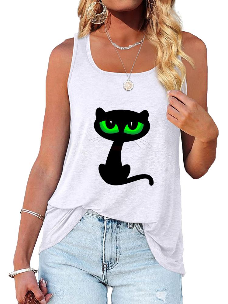 Women Fashion Round Neck Loose Tank Top Summer Casual Printed Sleeveless Shirt