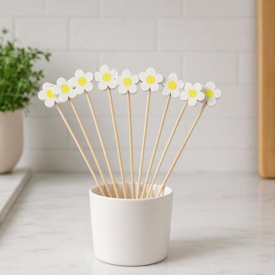 100PCS Disposable Fruit Stick, Flower Top Decor Bamboo Skewers, Multipurpose Food Picks Party Supplies, for Appetizers Cocktails Barbecue Cakes