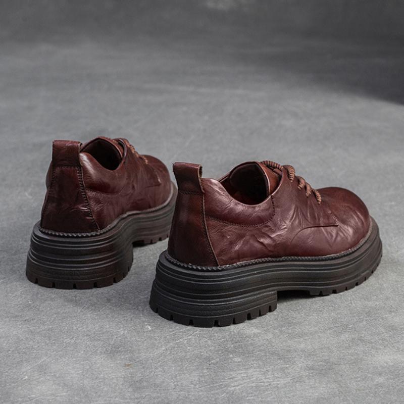 Johnature Vintage γνήσιο δέρμα βρετανικού στιλ Pumps Ευέλικτη χοντρή σόλα γυναικεία παπούτσια με κορδόνια