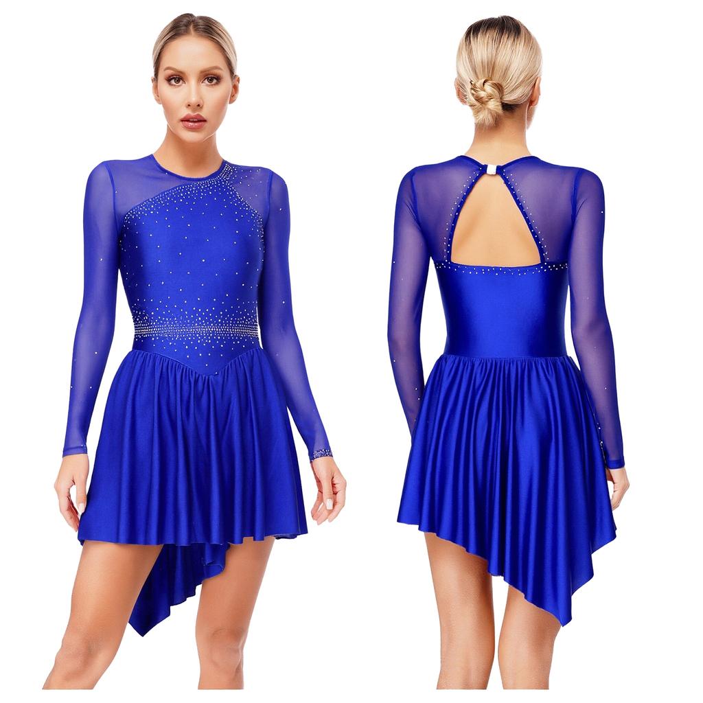 Women's Performance Dance Dress - Glitter Rhinestones Cutout Back Sheer Mesh Patchwork for Competition