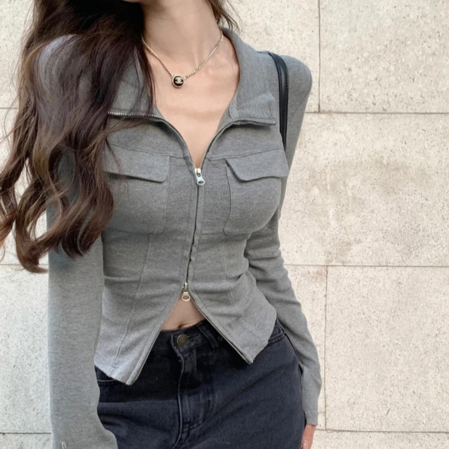 

Жіноча футболка Весняно-осінній одяг В рубчик В язана З довгим рукавом Короткі топи Дизайн на блискавці Футболка Сексуальні жіночі Слім топи S