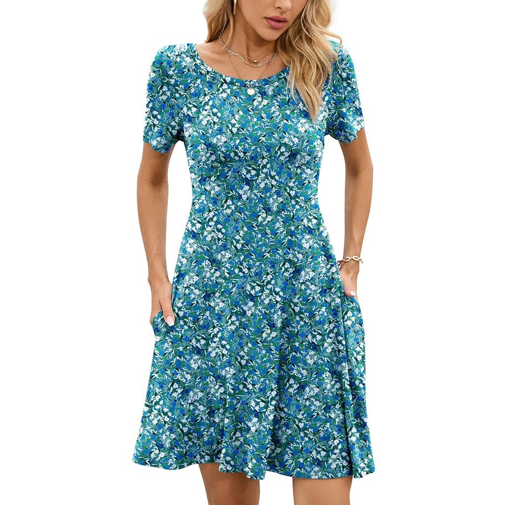 Women's Fashion Spring And Summer Round Neck Printed Short Sleeve Large Swing Dress
