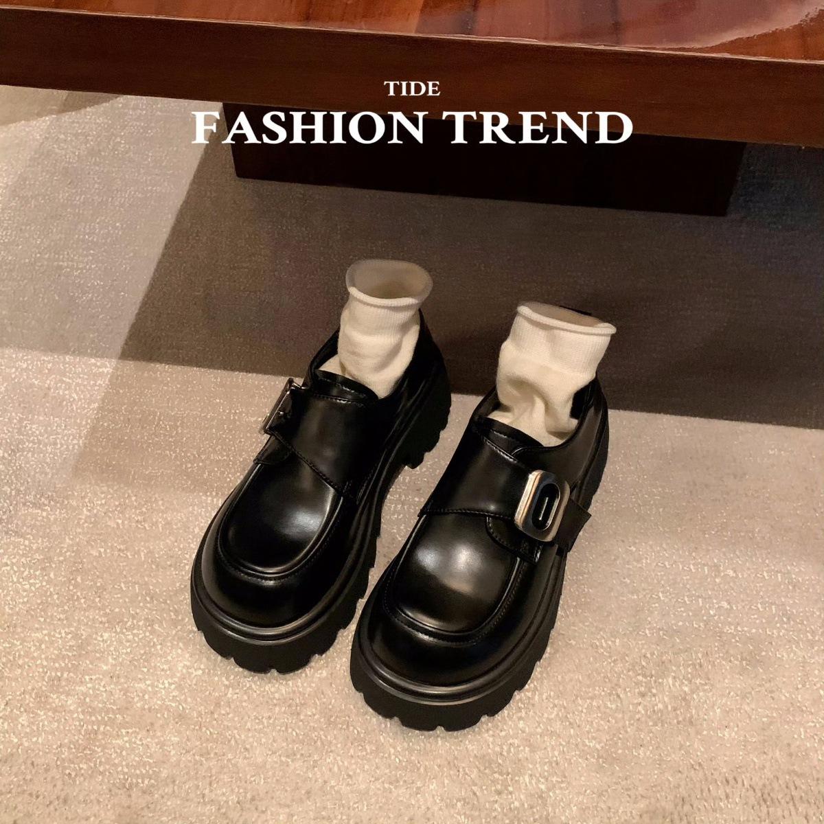 

Sheepskin version~ College style square buckle lazy one-pedal muffin thick heel platform loafers small leather shoes genuine leather single shoes 35