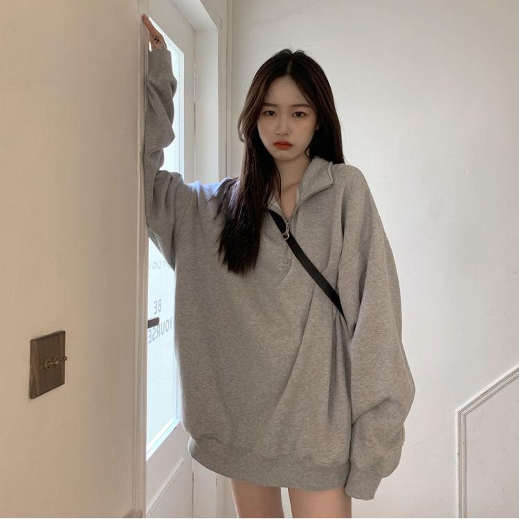 Casual Übergroßen Sweatshirts Frauen Koreanische Mode Kpop Polo Kragen Grau Solide Pullover Herbst Streetwear