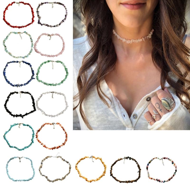 Natural Healing Stones Gravel Beads Short Necklace Female Jewelry Gravel Choker Necklace Holiday Party Necklace for Girl