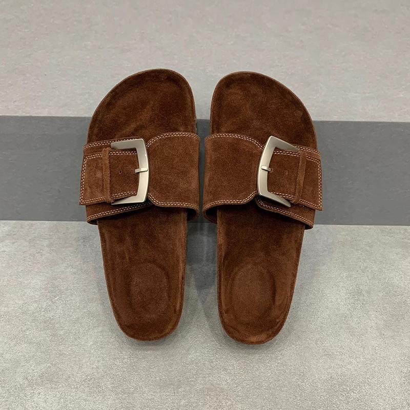 Cowhide version~ niche summer new retro leather big buckle one-word slippers women open-toed thick-bottomed Birkenstock sandals women