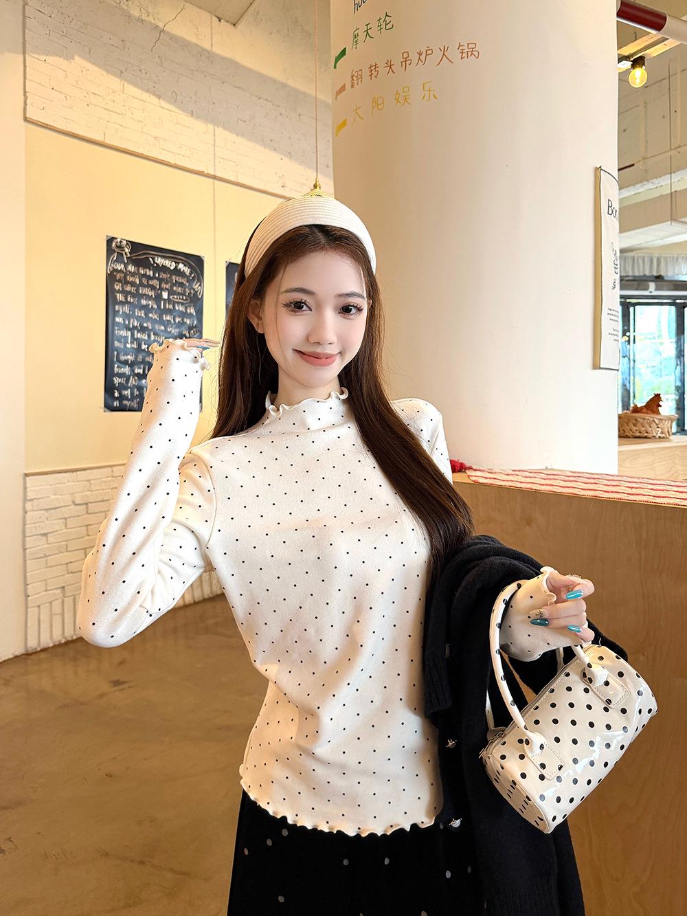 Cable Knit Cardigan Jacket, Polka Dot Mock Neck Shirt, and Polka Dot A-line Fleece-Lined Skirt Set for Women. Large