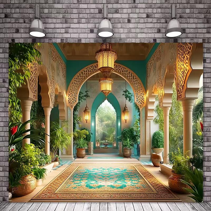 

2D Arabian Nights Backdrop Moroccan Archway Tropical Plants Photo Booth Banner 47.2x31.5inch/120*80cm