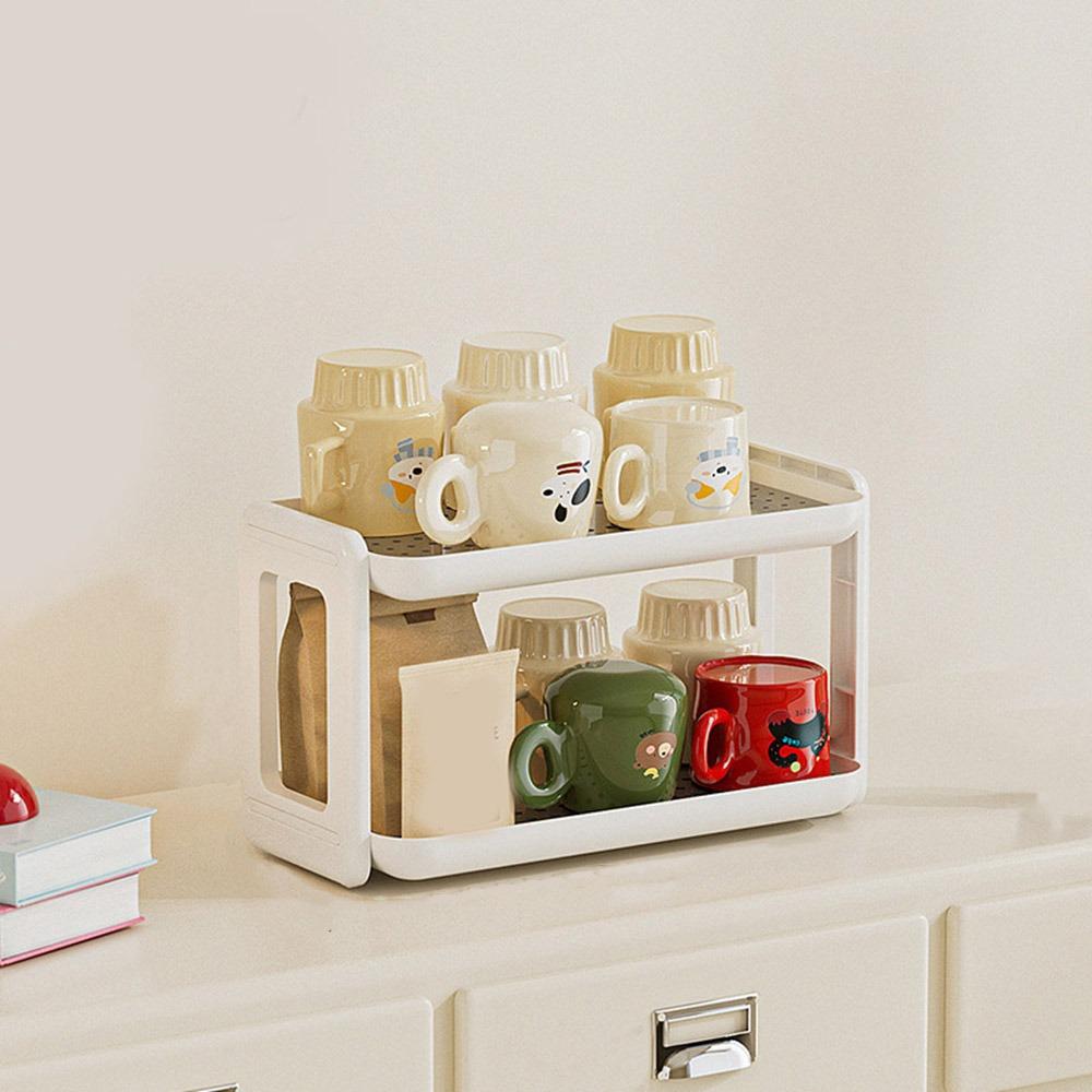 

Large Capacity Water Bottle Holder Cream Style Tea Cup Holder Sundry Storage Tray for Home White 2 Layers