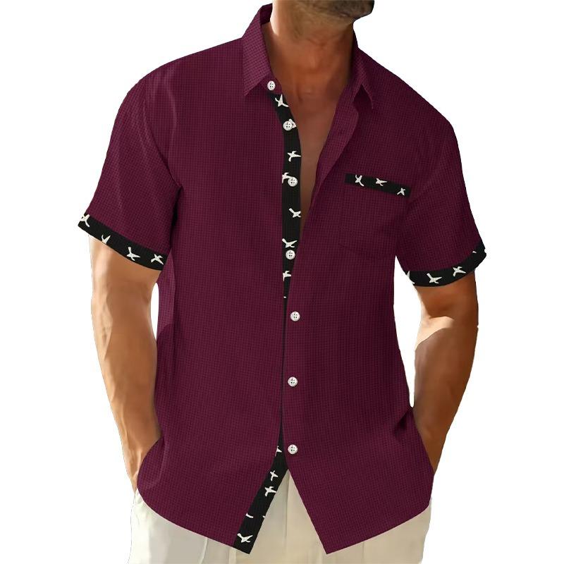 Camicia da uomo a maniche corte con revers, tessuto a quadretti fini, inserto con stampa di uccelli, bottoni, casual, top estivo quotidiano