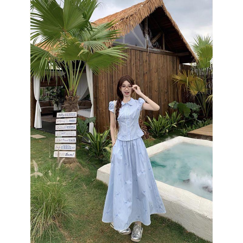 Kumikumi Sweet Set Younger Cute Doll Collar Shirts Women Summer Blue Stripe Skirt Two-piece Set